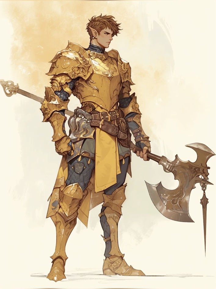 a detailed illustration of a fantasy warrior, depicted as a young elf man, in full golden armor. he has a sword in his left hand and an axe in his right. the background is a pale brown color, creating a sense of contrast against the shining armor. his attire includes golden gauntlets, boots, and armor, with dark leggings underneath. he appears to be a fierce and powerful warrior, ready for battle.