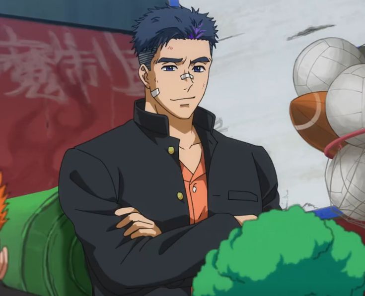 an anime character with short dark hair and a scar over his left eye is pictured. he has his arms crossed and he is smiling. he is wearing a black jacket and an orange shirt. he is in front of a colorful background.