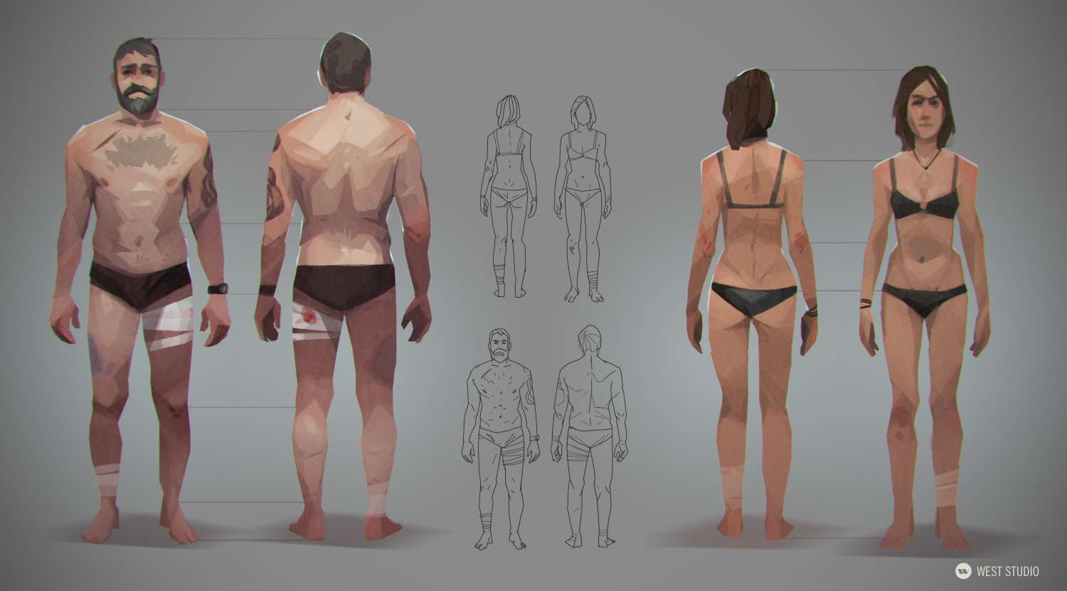 the image showcases digital concept art of a male and female character, likely for a video game, depicted in front and back views.  they are minimally dressed, revealing their physiques and some injuries.  line drawings beside the painted figures offer additional anatomical references for the artists. the overall color scheme is muted and somewhat desaturated.