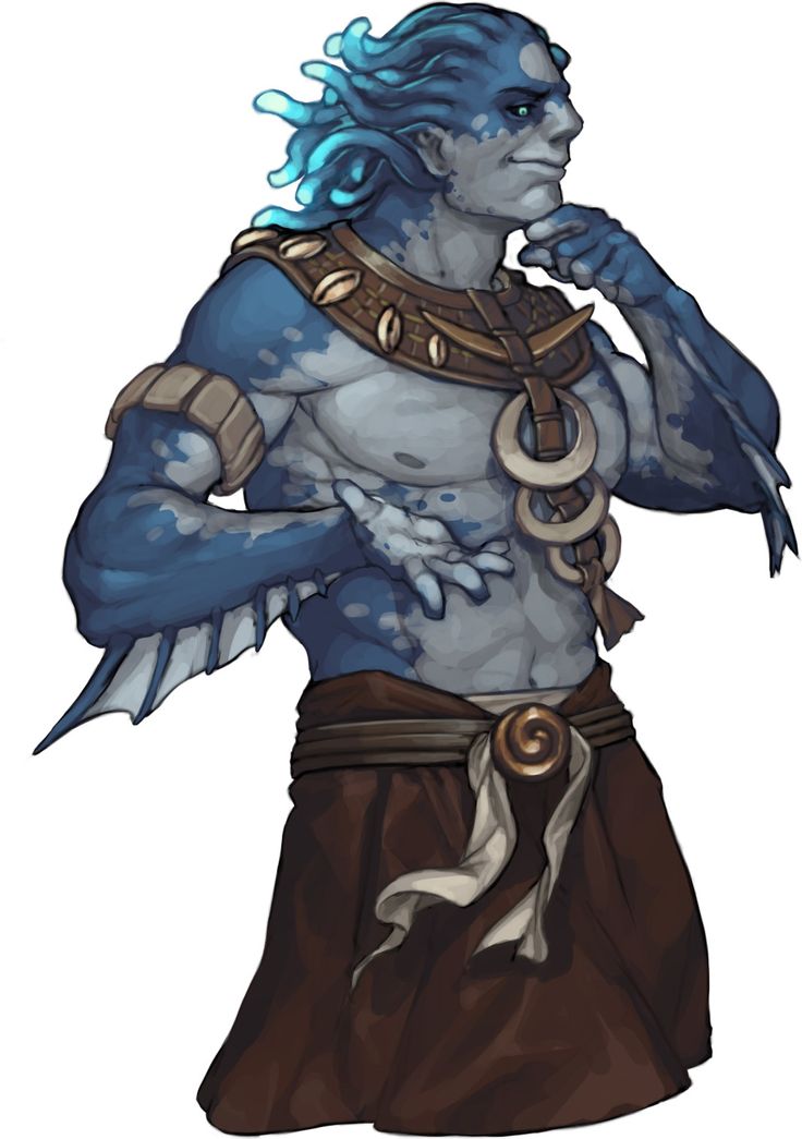 this is a digital art painting of a male fantasy character. he is a humanoid creature with blue skin and webbed hands.  he has long blue hair that resembles seaweed. he has a muscular physique and is wearing a tribal necklace, a brown belt and a brown skirt. he appears to be smiling while thoughtfully looking off to the side.