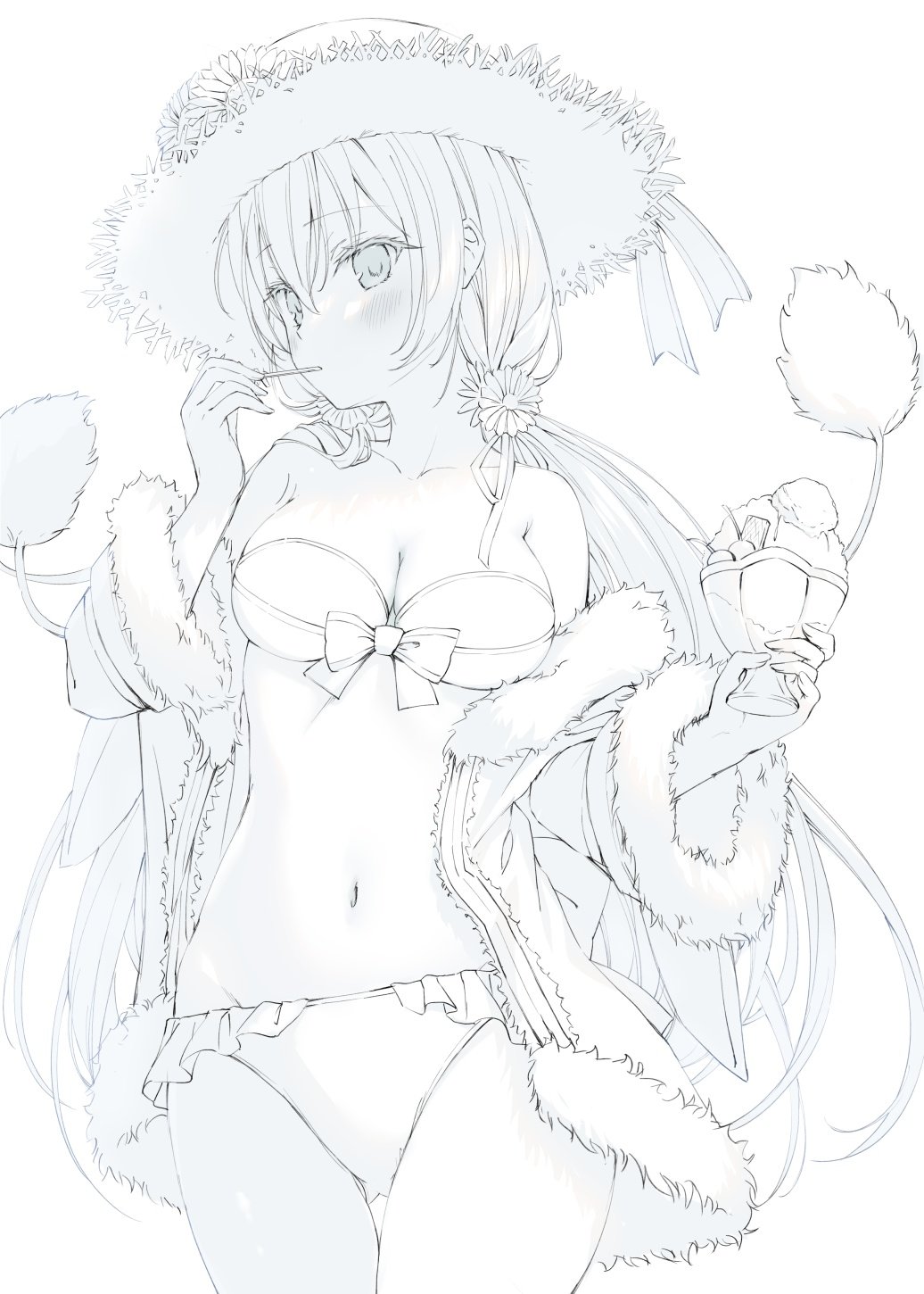 the image features an anime girl wearing a bikini and a hat, holding a cup of ice cream. she is also wearing a fur coat and has a floral hair accessory. she is licking a lollipop.