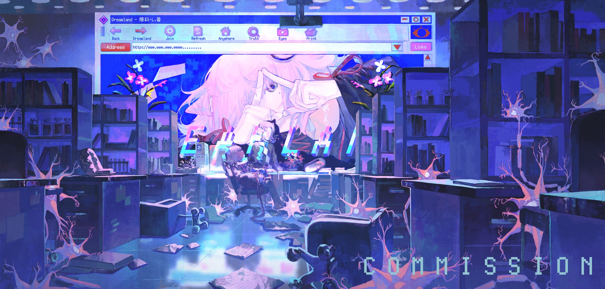 the image is a digital illustration depicting a room with anime aesthetics. the room is filled with bookshelves and tables, and a large computer screen displays a webpage with the word "dreamland" at the top. a pinkhaired anime girl sits on a chair in the background, seemingly interacting with the webpage. the room is bathed in shades of blue, purple, and pink, creating a futuristic and ethereal atmosphere. there are also abstract, neuronlike structures scattered around the room, further adding to the surreal and dreamlike quality of the scene. the image evokes a sense of mystery and wonder, suggesting a world where technology and imagination intertwine. the words "commission" are written at the bottom of the image in a pixelated font. this suggests that the image is a piece of commissioned art, created for a specific purpose or client. overall, the image is a visually captivating and imaginative work that blends elements of anime, digital art, and science fiction.