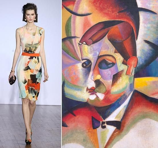 this image features a woman in a modern, abstract dress, standing on a runway. the dress is made of a colorful, geometric pattern, with a style inspired by the work of the artist wassily kandinsky. the image is split, with the woman on the left, and a colorful, abstract portrait on the right.  the portrait has a similar geometric design to the woman's dress, suggesting that her outfit is a modern interpretation of kandinsky's abstract style.