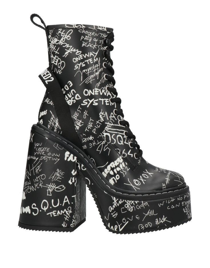 a single, highheeled, platform boot is angled to the right in a full shot against a white background. the boot is black, and covered with white writing in a graffiti style. the upper portion of the boot laces up the front and has a black pull tab at the back. a thick black band is seen behind the pull tab, running along the outside ankle. the sole is white and very thick and the heel is chunky.