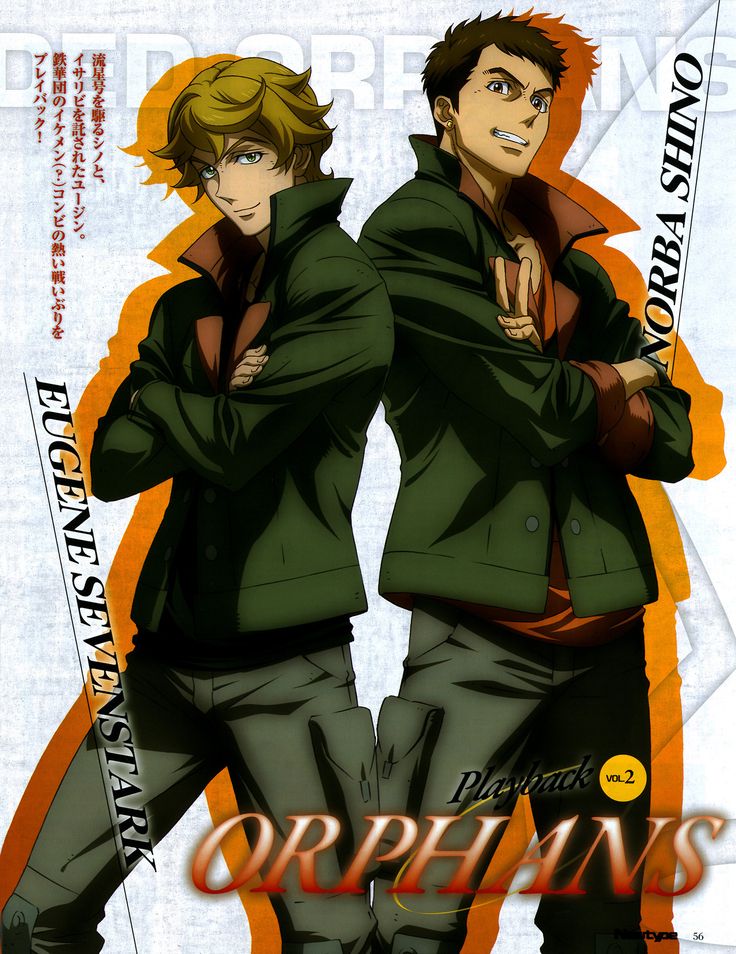 the image is a promotional poster for the anime series "orphans" showcasing two characters, norba shino and eugene sevenstark. the poster features a detailed illustration of both characters in their combat attire. shino is on the right side of the poster with a determined expression, while eugene stands to his left, holding a gun in his right hand. the poster also features the title of the series "orphans" in a large, bold font, and the subtitle "playback" with the volume number "2". the background of the poster features a cityscape, which is a common theme in the anime series. the color scheme of the poster is dominated by orange, green, and red, which are representative of the colors of the characters' attire and their personalities.