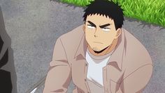 an image of a cartoon man with short black hair and stubble is looking up with a concerned expression on his face. he's wearing a tan overshirt over a white tshirt. the background of the image shows gray pavement and green grass.