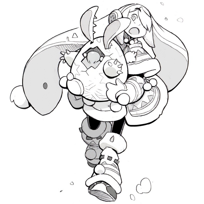 a black and white sketch of a young girl, bundled in winter clothes, joyously running through the snow while carrying a large, stylized bunny plushie. the girl's hair and clothing flow behind her, emphasizing her movement and playful energy.