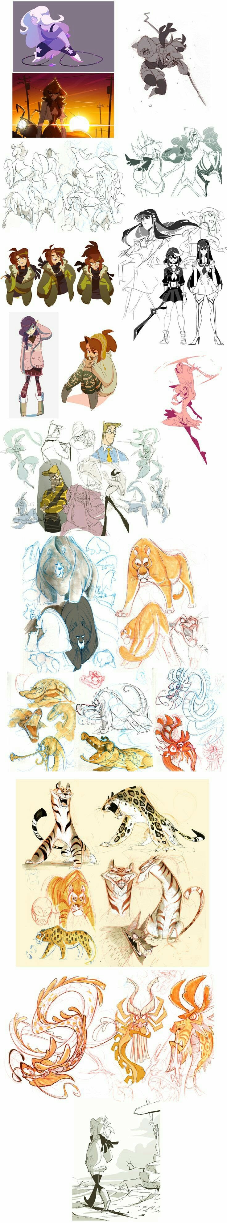 this is a digital illustration of several anime characters and animals. it features a variety of colors and styles.