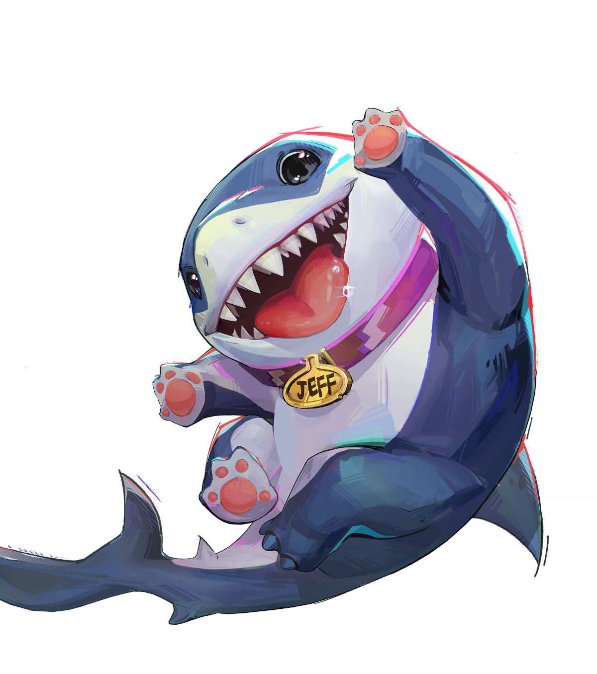 a cartoon illustration of a cute shark with a pink collar and a gold name tag labeled "jeff". the shark is sitting and has paws instead of fins. it has sharp teeth and its tongue is sticking out. the background is black.