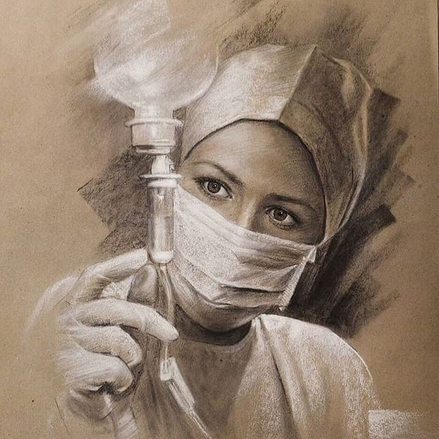 this is a realistic charcoal drawing of a female nurse or doctor. she is wearing a surgical mask and cap, and her eyes are focused intently on something out of the frame. she is holding a medical iv bag in her hands. the drawing is done in shades of brown and white, and the background is a rough textured paper. the overall tone of the image is intense and focused, suggesting the seriousness of the situation.