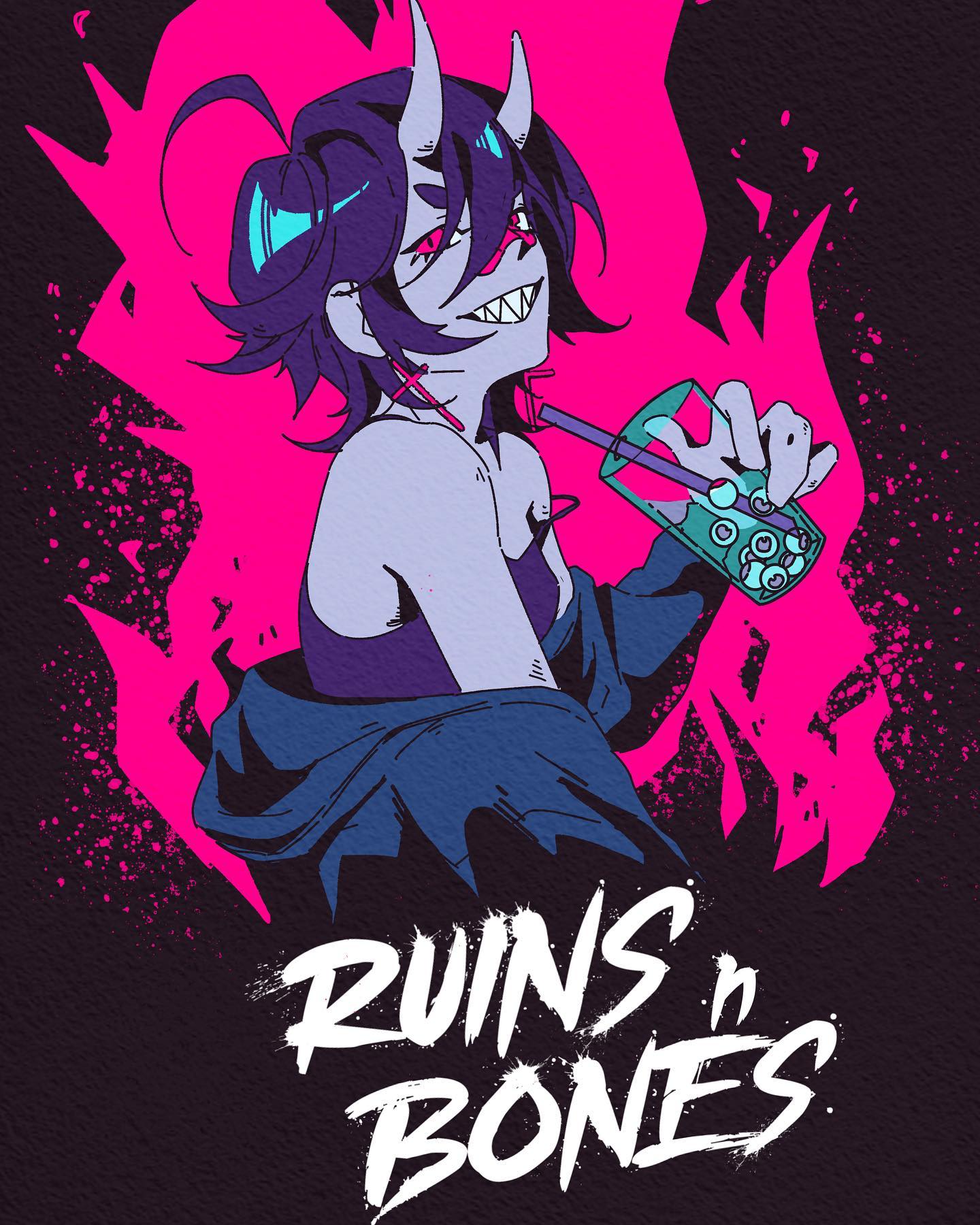 the image is a stylized digital illustration of an animestyle demon girl. she has purple hair, horns, and a mischievous grin. she's wearing a dark blue jacket and a purple top, and is holding a boba tea drink with a straw.  the background is a vibrant pink with a grunge, graffitilike effect.  the text "ruins n' bones" is prominently displayed at the bottom in a bold, stylized font. the overall aesthetic is dark, edgy, and fashionable, combining elements of anime, cyberpunk, and alternative styles.