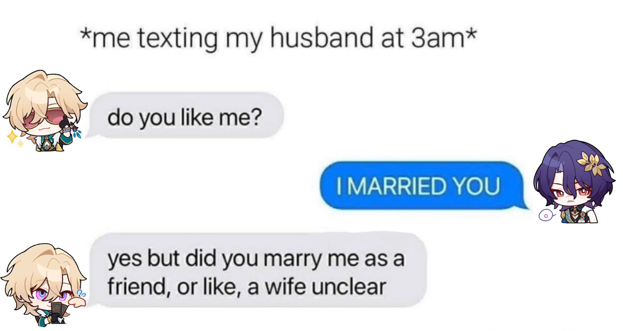 the image is a meme depicting a text message conversation between two genshin impact characters, albedo and aether, who are presented as a married couple. the meme humorously portrays the insecurity of one partner (aether) questioning their spouse's feelings despite being married.  the text bubbles include messages like "do you like me?" and "i married you,"  with a followup expressing uncertainty about the nature of their marriage ("friend or wife?").  chibistyle illustrations of the characters accompany their respective messages. the text at the top indicates this is a depiction of a nighttime text conversation.