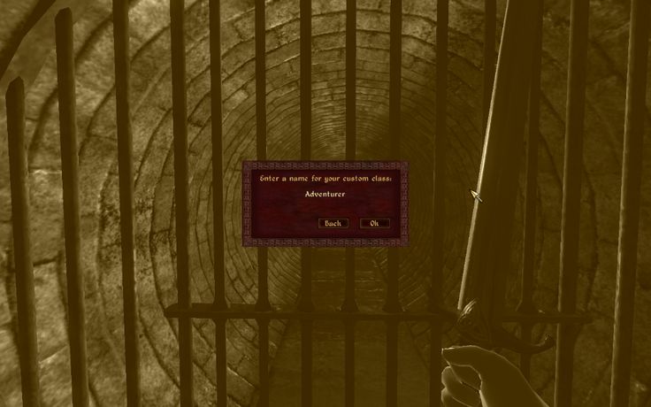 a screenshot of a video game in which the player is asked to enter a name for their custom class. the player has chosen the class "adventurer". the ui is located in the center of the screen and includes a text box with a button labeled "back" and a button labeled "ok".  a hand with a sword in it is visible in the lower right corner of the screen, and an old, dark stone wall with metal bars can be seen in the background.
