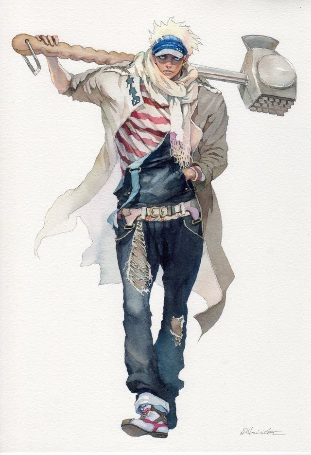 a watercolor illustration of a man, in a stylish outfit,  wearing a white shirt, jeans, and a scarf, holding a hammer, standing in a cool pose. he has white hair and a hat on his head. the background is white.