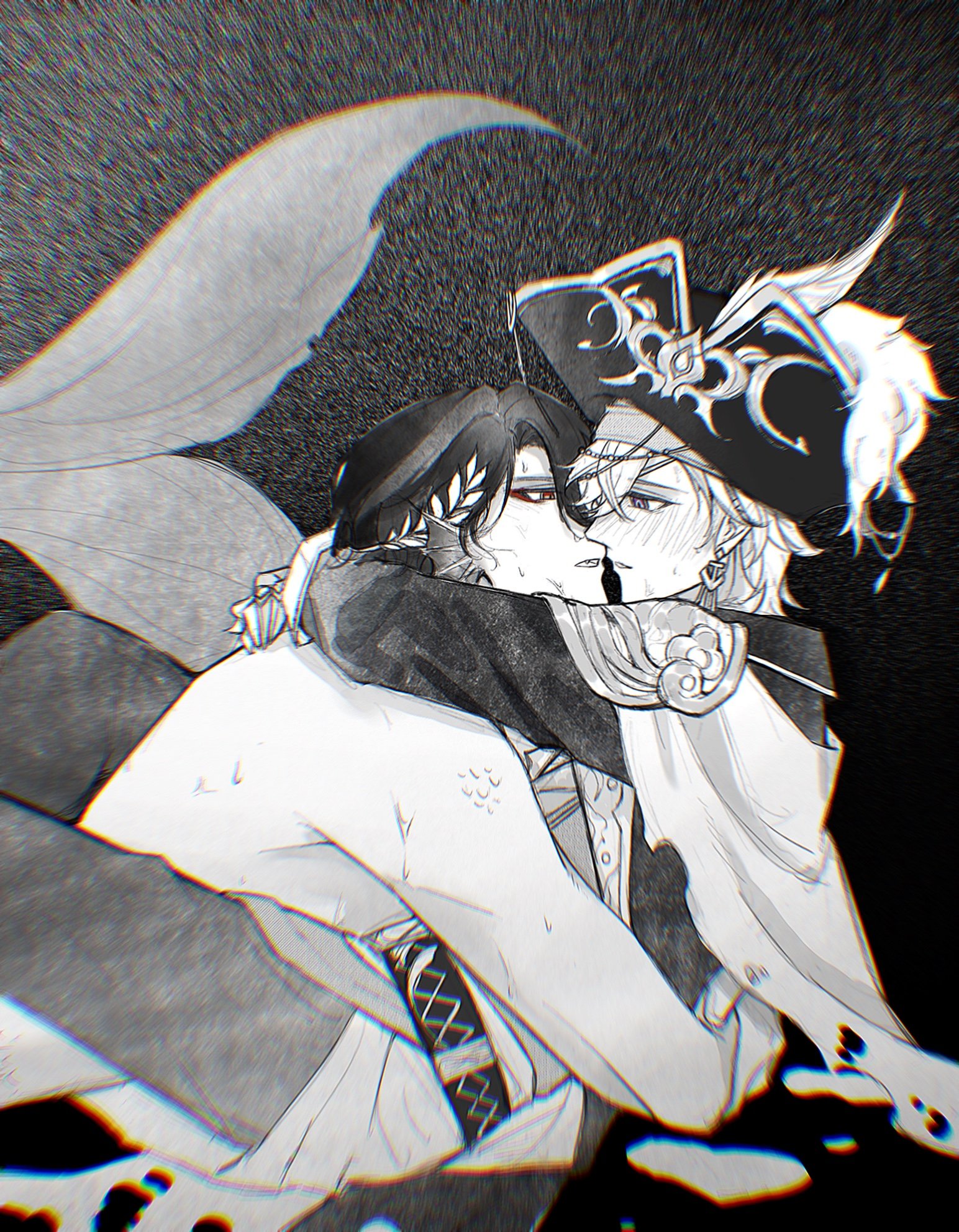 the image is a black and white digital fanart depicting a passionate embrace between two animestyle male characters. one character appears to be a pirate captain, wearing an elaborate, ornate tricorn hat and richly detailed clothing. the other character is dressed in more subtly decorated clothing.  they are intertwined, their faces close together, suggesting a kiss or intense romantic moment. the overall style is dramatic, with dark shading and highlights used to create depth and contrast.  the background is a dark, textured black, emphasizing the figures in the foreground. the art is highly detailed, showcasing intricate clothing designs and expressive character features. the mood is romantic and intense, evocative of a powerful and emotional connection between the two individuals.