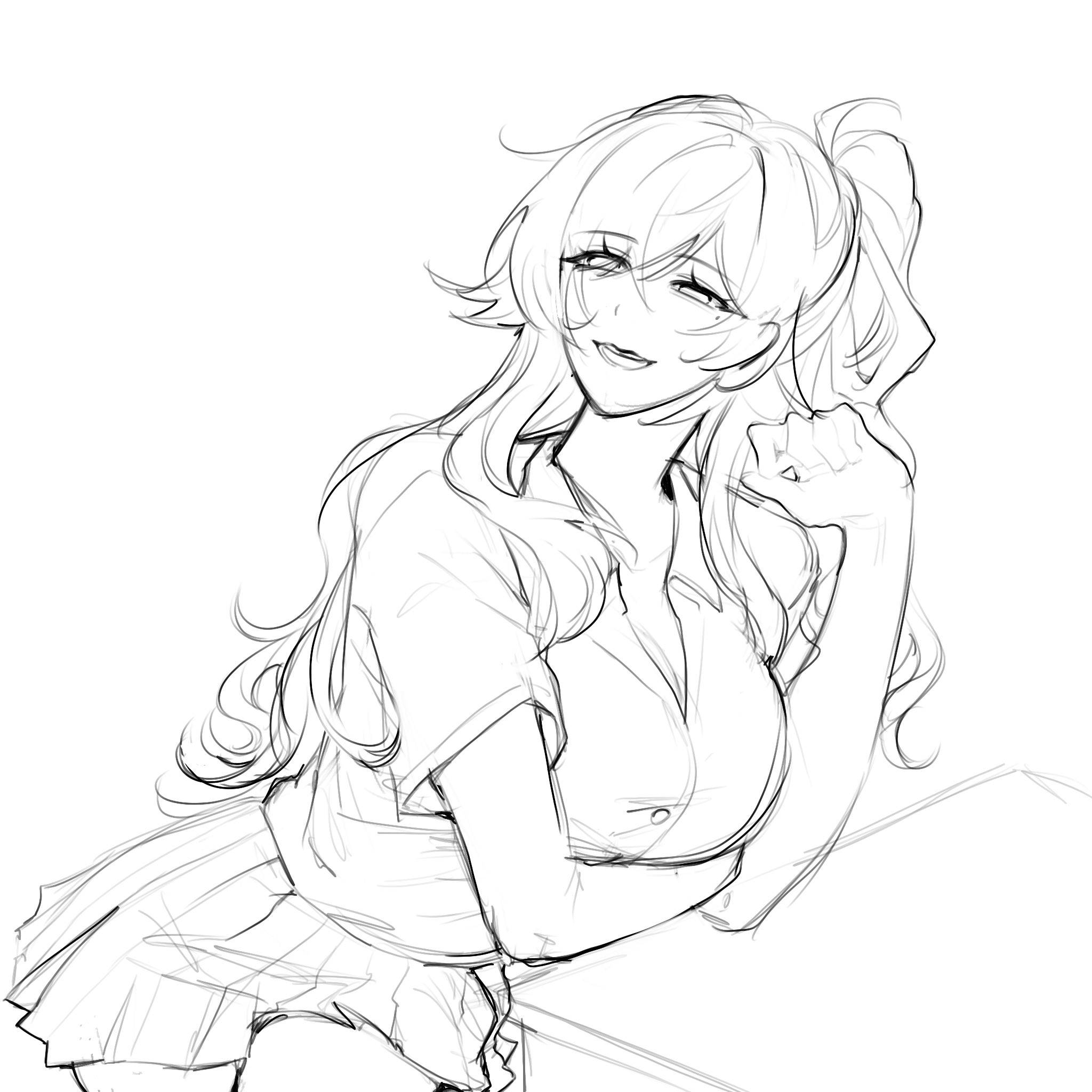 this is a sketch of an anime girl with long hair, she is wearing a school uniform and smiling,  she is in a casual pose with her hand on her chin. the drawing is done in black and white line art style.