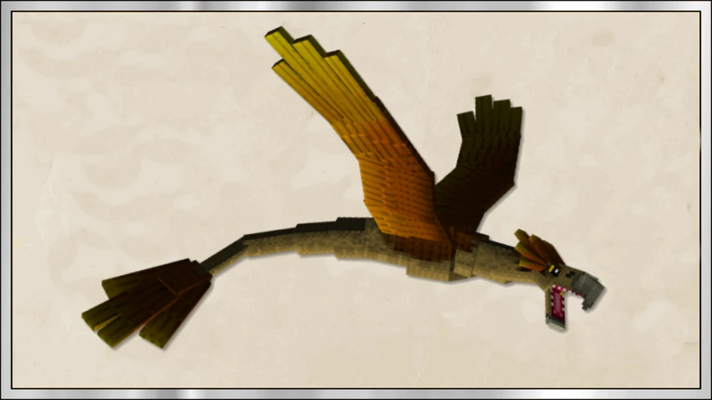 the image shows a dragonlike creature with a serpentine body, birdlike wings, and a feathered tail in flight against a cloudy sky background. the dragon is primarily brown and gold in color.