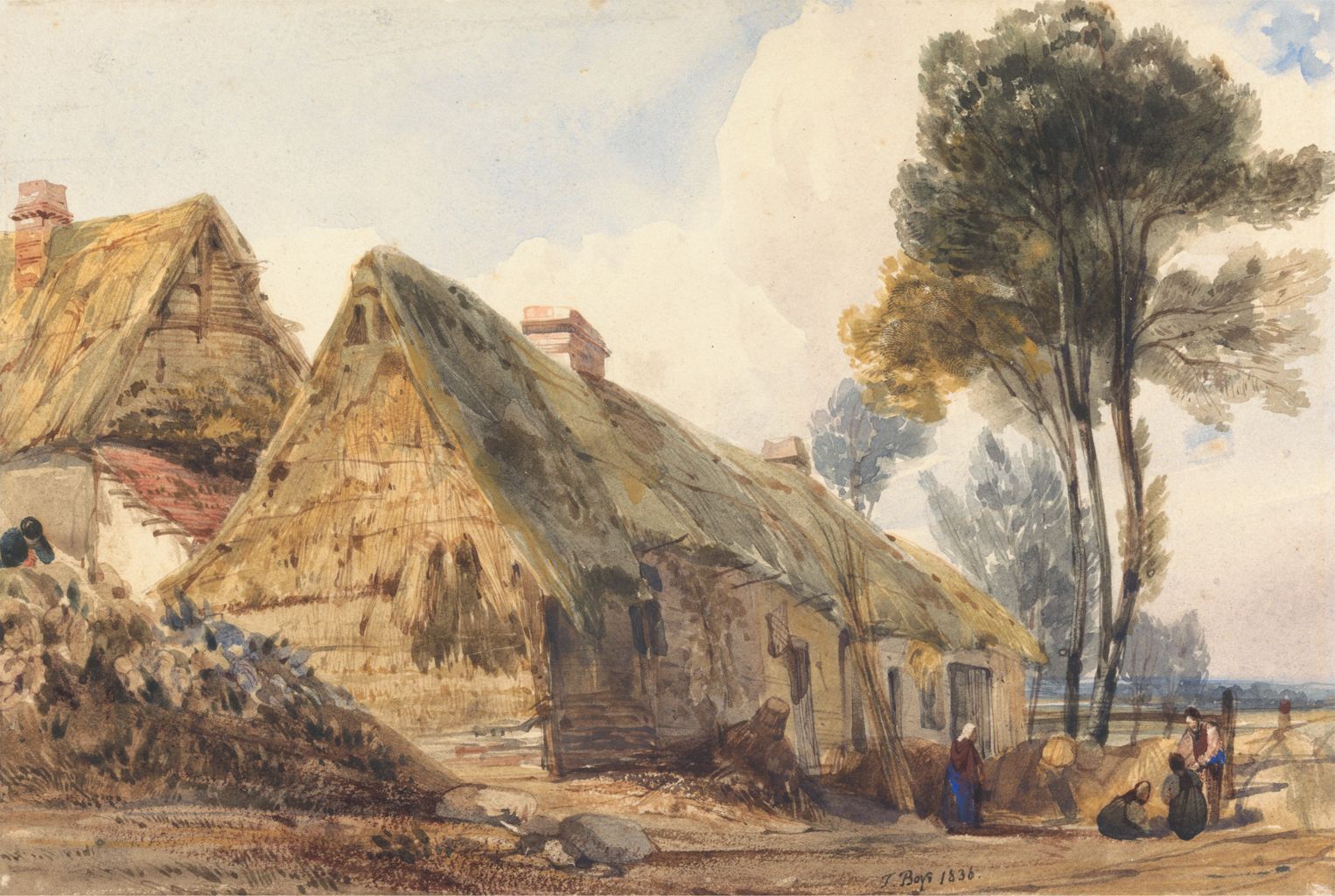 this is a watercolor painting depicting a rural landscape. two cottages with thatched roofs dominate the scene. the cottage on the right has figures near it, including a woman in a red dress and several people near a fence. tall trees stand near the cottages, and a light blue sky with white clouds is visible above. the painting is signed "j. boys 1836" at the bottom.