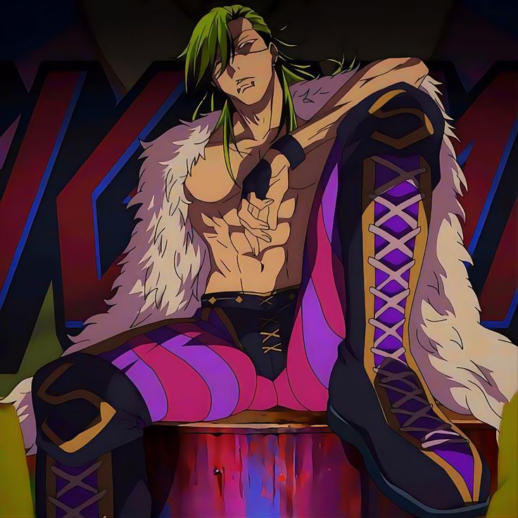 the image features a muscular anime character with long green hair wearing a fur coat and purple and pink tights. he is sitting on a barrel with black boots that have cross patterns. the character has a confident and fierce expression, making him appear like a wrestler. the background is a vibrant mix of pink and purple, adding to the overall dynamic of the scene.