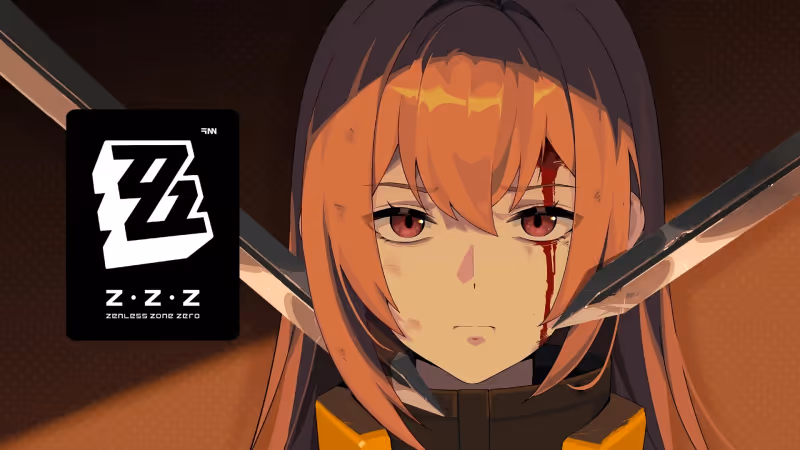 a closeup shot of an anime girl character with orange hair and red eyes. she is wounded and has blood on her face, and a knife is crossing her face. the image is set against a dark background, with a logo for the video game zenless zone zero in the lower left corner. the image is a digital illustration that appears to be created for a video game.
