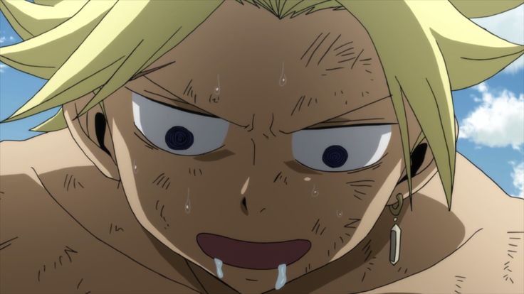 a closeup portrait of an anime character with blond hair, wearing a silver earring, and a dripping smile. the character is sweating, and his eyes are wide open, giving off a sense of determination or focus. the backdrop features a cloudy sky, hinting at an outdoor setting.