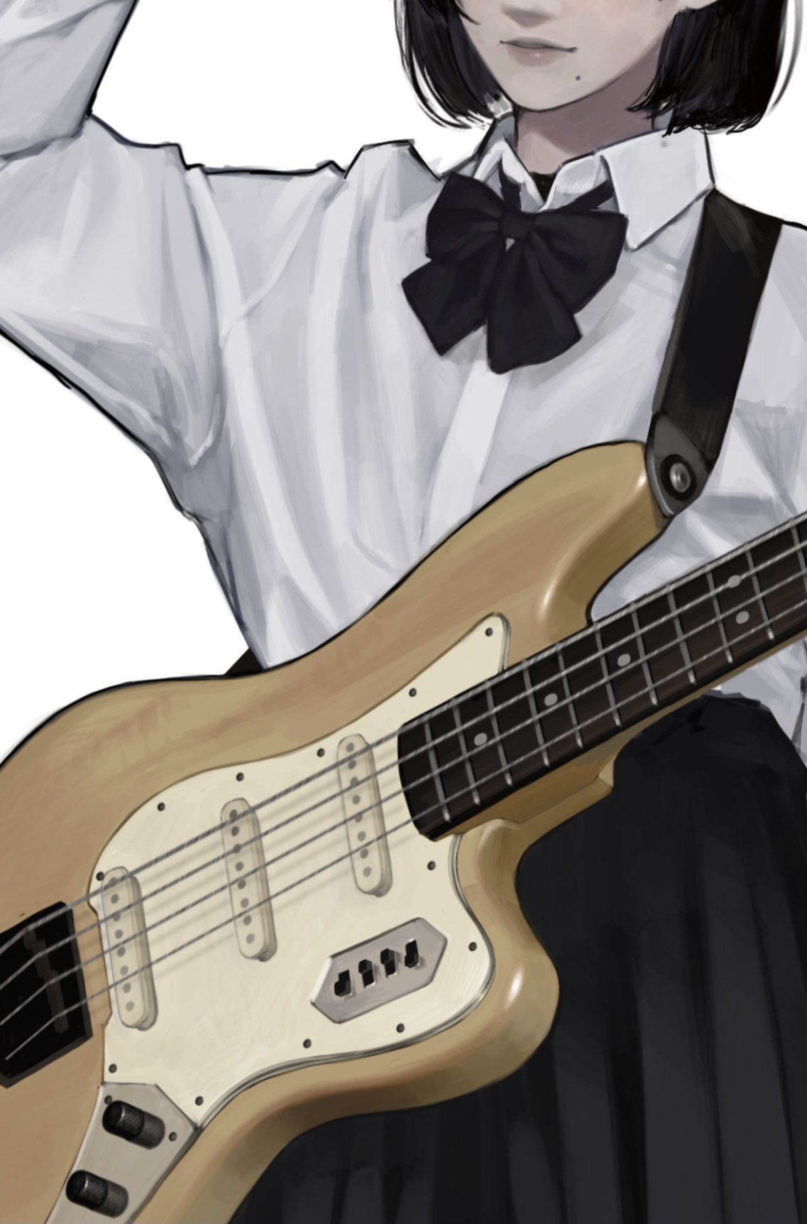 the image is a digital illustration or artwork depicting an animestyle girl. she has short, dark hair, is wearing a white, longsleeved shirt with a black bow tie, and a black skirt.  a strap suggests she's wearing a black overall skirt or jumper underneath the shirt.  she’s holding a light beige bass guitar, and her hand is subtly placed on her forehead. the style is quite detailed and realistic, yet maintains anime characteristics in facial features and overall aesthetic. the background is plain white, focusing the viewer’s attention on the girl and her instrument.