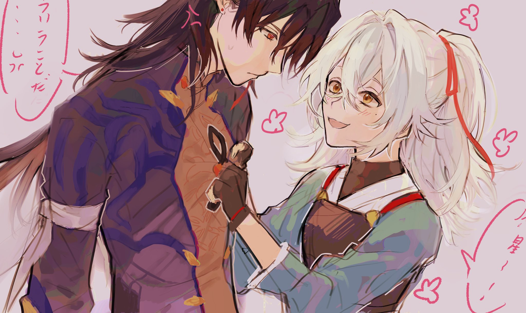 the image is a digital illustration of two anime characters, a girl and a boy, standing close together. the girl is on the right side of the image and has long white hair tied up with a red ribbon, and is wearing a blue and brown outfit. the boy is on the left side of the image and has long black hair, and is wearing a purple jacket and a brown and red shirt. the girl is smiling and blushing, while the boy looks at her with a soft expression. the background is a pale pink with pink hearts and flowers, and the image is drawn in a soft, romantic style.  the illustration conveys a sense of happiness, love, and affection between the two characters.  the girl holds out a small stuffed animal, which may represent their closeness.  the text surrounding the characters may be a dialogue between them, or the artist's interpretation of their thoughts or feelings.