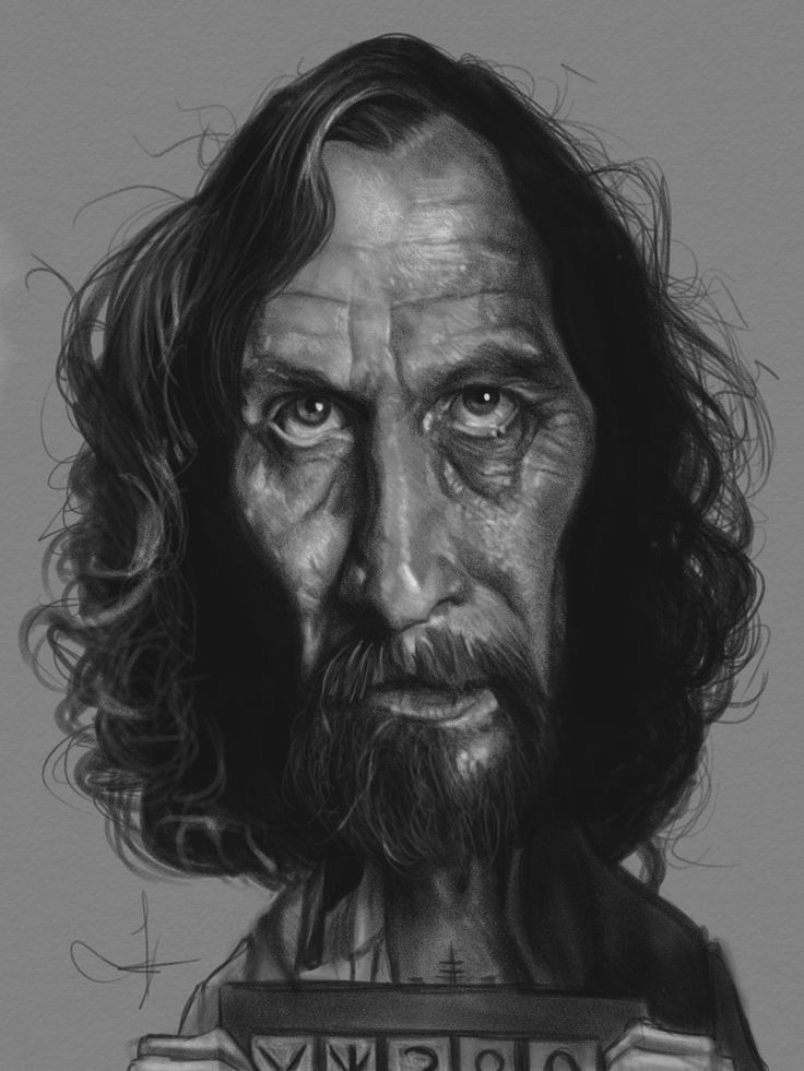 a black and white caricature drawing of an older man with a beard and long, dark hair. he appears to be a prisoner holding a sign, possibly sirius black from harry potter. he has a sad and intense expression.