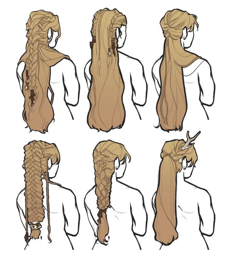 this image is a line art illustration of six different hairstyles. each hairstyle is a variation of braids with different details. the image is made up of simple outlines and has a white background. the women in the image are only shown from the back, and there are no faces or other body parts visible.  the illustrations are stylized and have a cartoon feel to them.