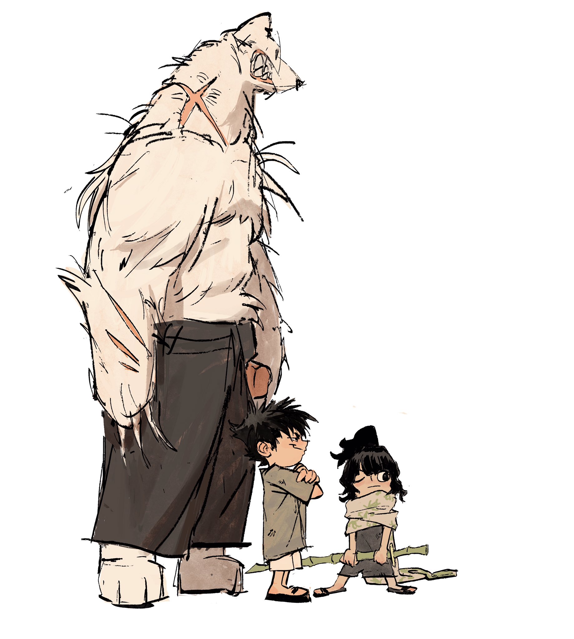 the illustration depicts a large, anthropomorphic wolflike creature standing next to two much smaller children, a boy and a girl. the wolf is predominantly pale with dark gray pants. its fur appears somewhat shaggy or unkempt, and there's a stylized orange "x" marking on its back. the children are dressed in simple clothing; the boy in a lightcolored tunic, and the girl in darker clothing with a scarf. the girl is holding a bamboolike stick or staff.  the art style is loose and sketchy, reminiscent of manga or anime with muted colors, and creates a whimsical contrast between the size of the wolf and the children.  the background is plain white.