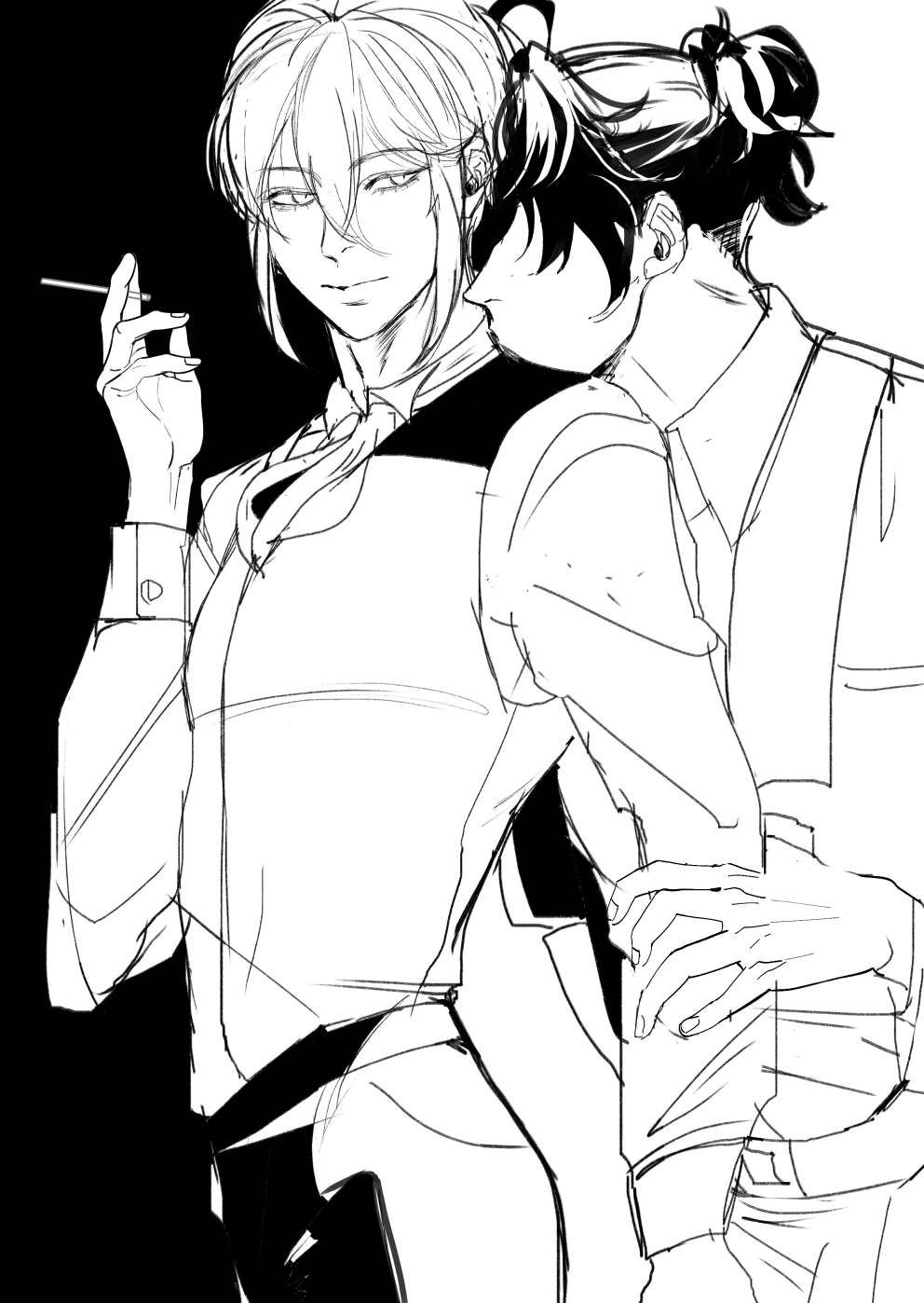 a black and white illustration of two men in suits. the man on the left is holding a cigarette and looking at the camera.  the man on the right is leaning against him with his arm around his waist.