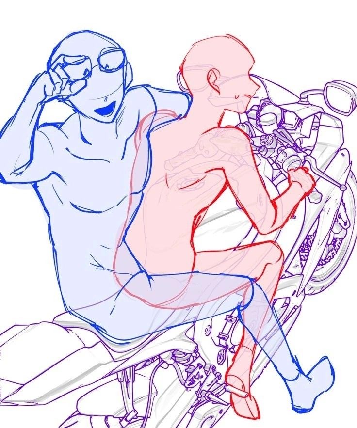the image is a line drawing of two animestyle figures on a motorcycle. one figure is leaning back, while the other is playfully adjusting glasses.  the figures are rendered as basic anatomical forms with minimal detail, suggesting a pose reference or base for further drawing. the lines are primarily blue and red, perhaps indicating different layers or perspectives. the motorcycle is also sketched in a simple, lineart style. the overall style is dynamic and actionoriented.
