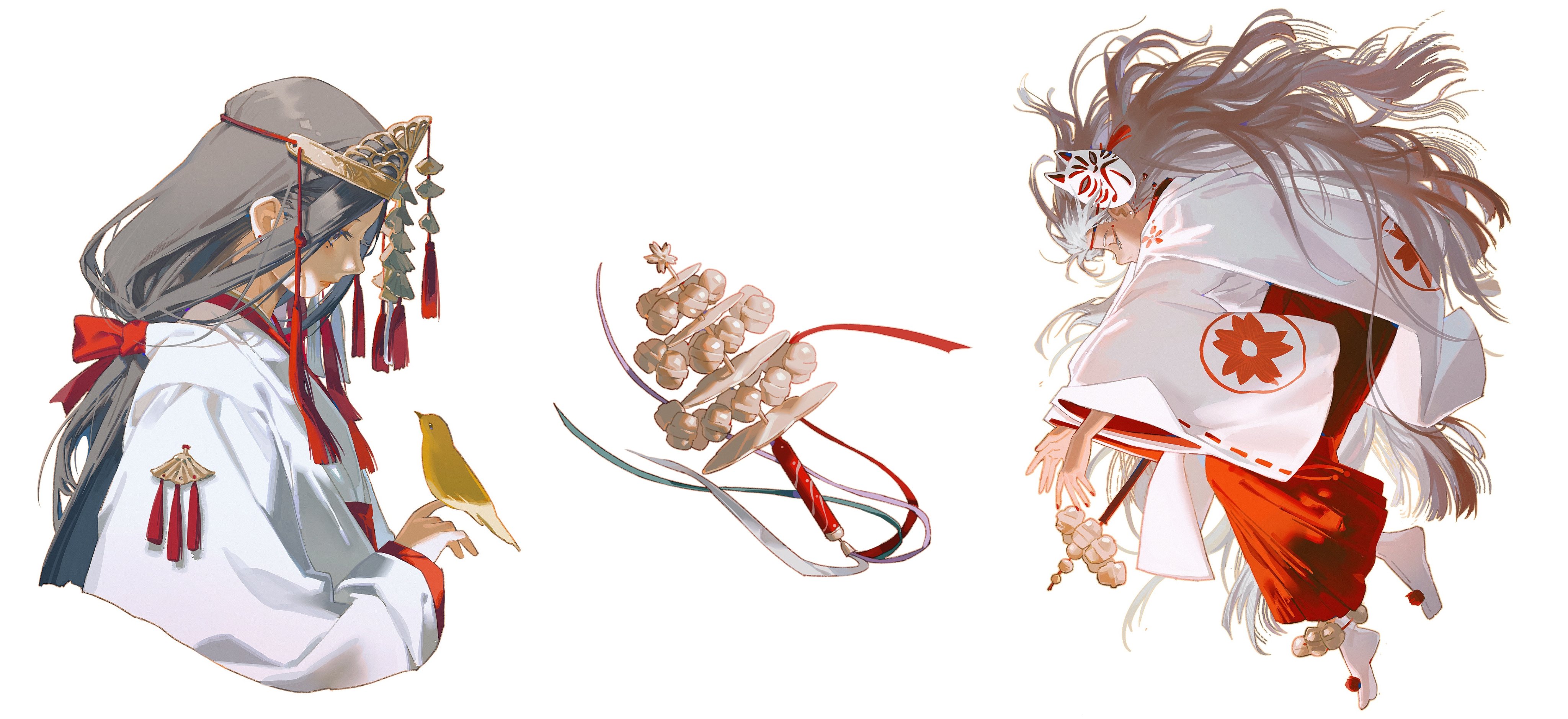 this is a digital illustration of two women in white kimonos with long hair. the girl on the left is holding a yellow bird in her hand while the girl on the right is standing on the tips of her toes, both are smiling and seem happy.