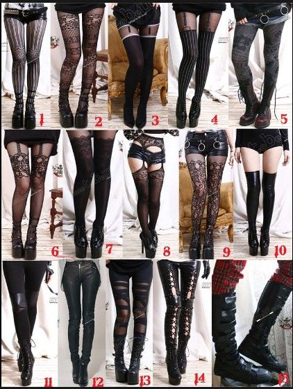 the image is a fashion collage showcasing a variety of women's hosiery and footwear styles.  it features 15 different looks, each displaying a distinct type of stocking or legging paired with coordinating boots. the styles range from lace and fishnet stockings to striped and ripped leggings.  many looks incorporate garter belts, and the footwear includes platform boots and laceup boots. the overall aesthetic is gothic, punk, or alternative fashion.  each look is numbered for easy reference.