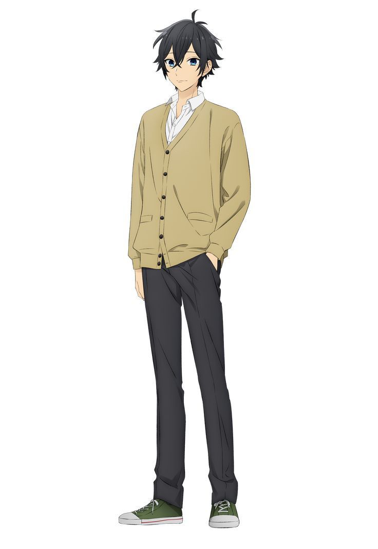 this is a digital illustration of an anime male character with black hair and blue eyes. he is standing in a casual outfit of a brown sweater, white shirt, and black pants. he is wearing green sneakers with white laces.  the image is set against a white background.
