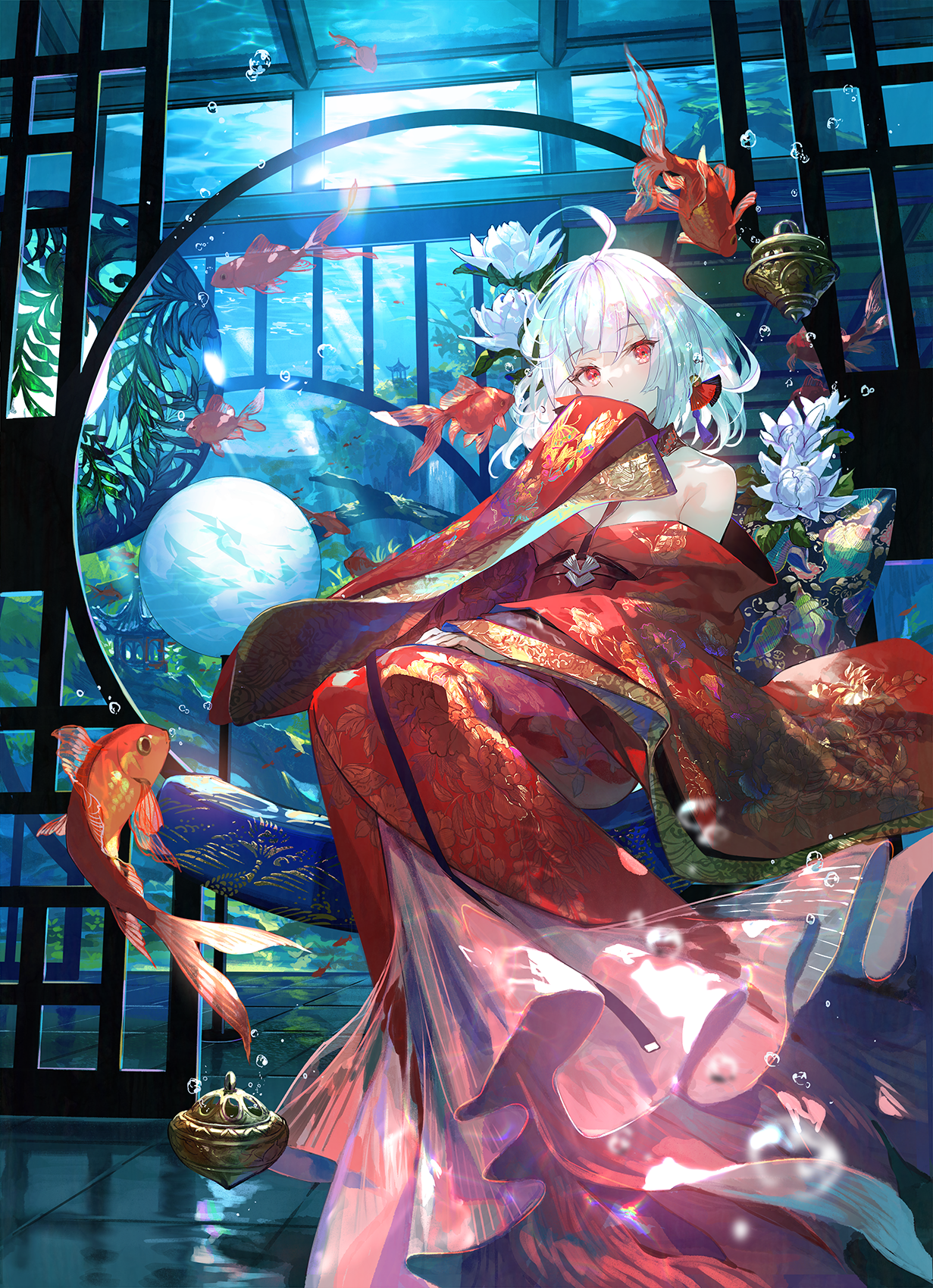 the image is a digital painting of an animestyle girl. she has long white hair and is wearing a flowing red kimono. she is sitting in a chair in an underwater scene, surrounded by goldfish and lotus flowers. the overall style is fantasy and magical, with a serene and peaceful atmosphere. the artwork is highly detailed and colorful.