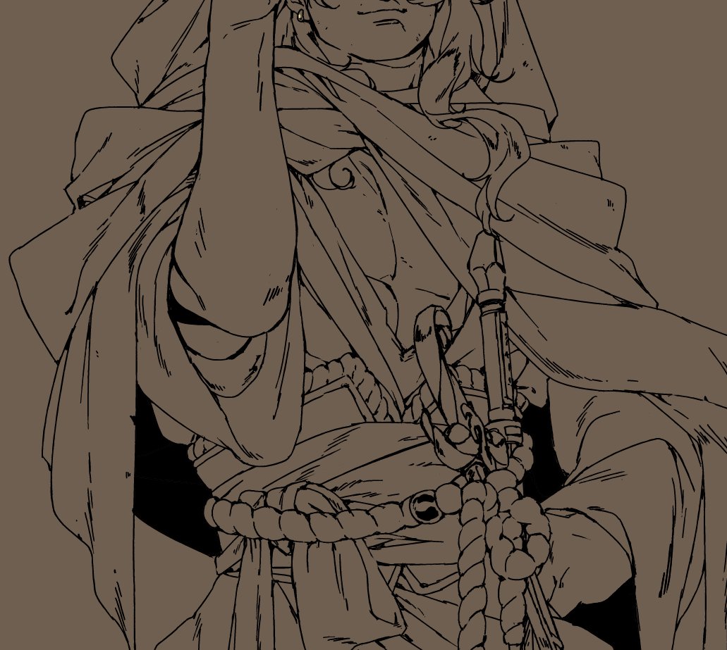 a detailed black and white drawing of a hooded figure in a dramatic pose. the figure appears to be male and is dressed in a flowing cloak with a rope belt, he is holding a sword with his right hand. the style of the artwork suggests an anime or manga influence, with strong lines and exaggerated features.