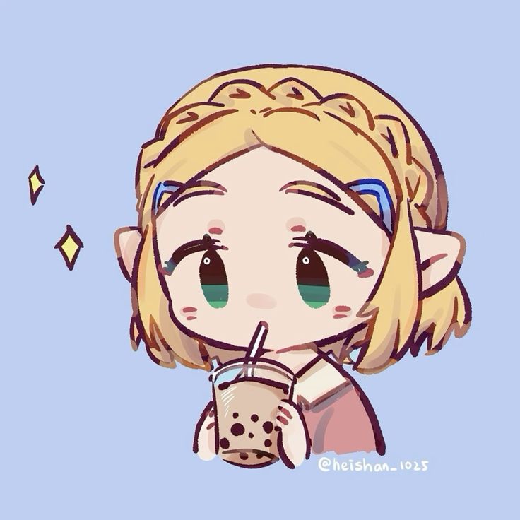 a cartoon drawing of a girl from the video game the legend of zelda: breath of the wild in a chibi style.  she has long blonde hair and blue eyes. she is wearing a pink sweater and drinking boba tea through a straw.