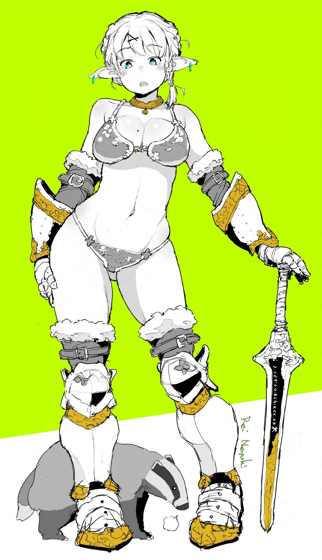 a black and white sketch of a female elf warrior wearing armor and a bikini with a badger by her side.  the background is bright green.