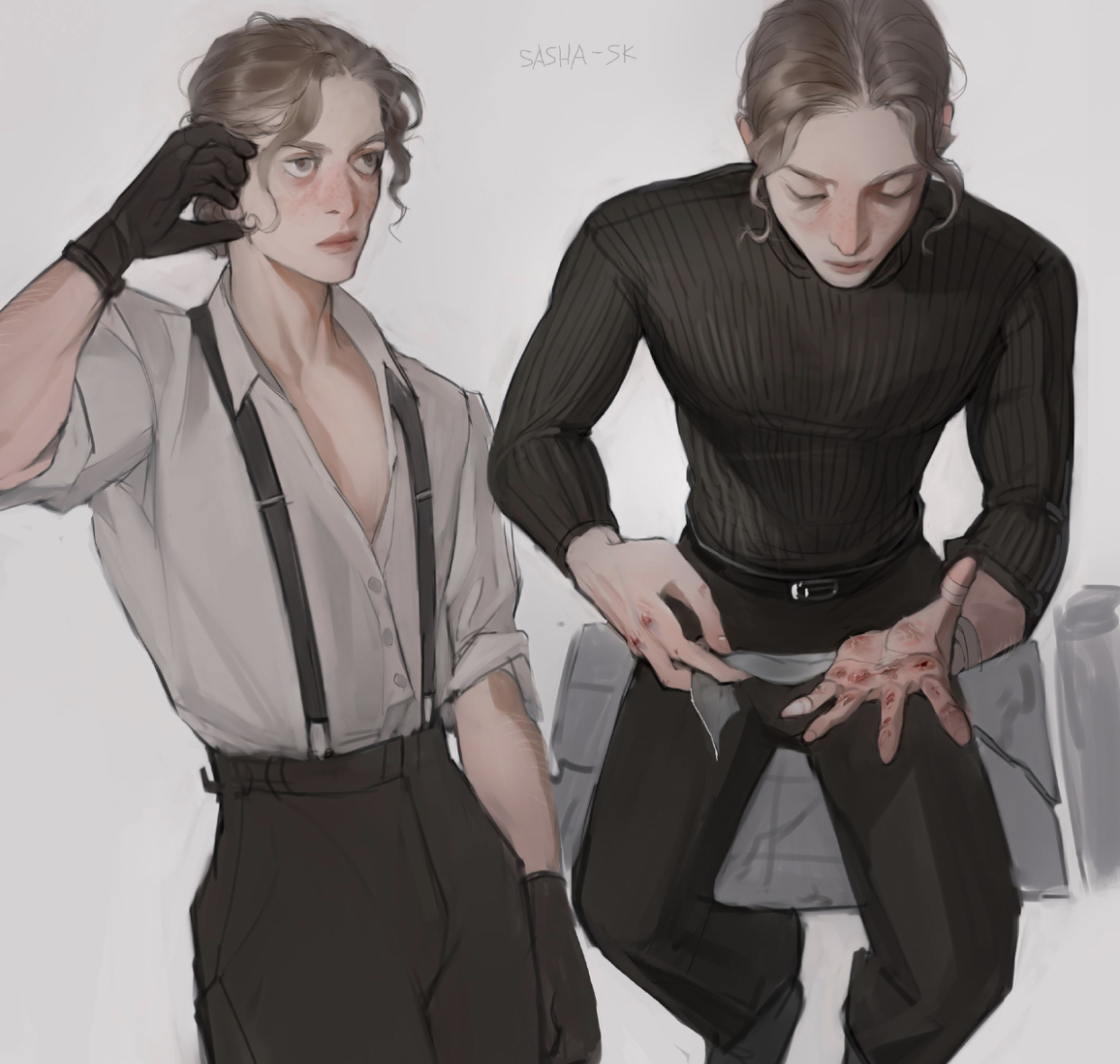 a digital illustration shows a young man in two different poses. on the left, he stands with one hand on his head and the other on his hip, with a serious expression on his face. he wears a white shirt, black pants with suspenders, and a black glove on his right hand. on the right, he sits and looks down at his left hand, which has wounds on the palm and fingers, and he holds a bandage in his right hand. he wears a black sweater and black pants. the illustration has a soft, painterly style with muted colors.