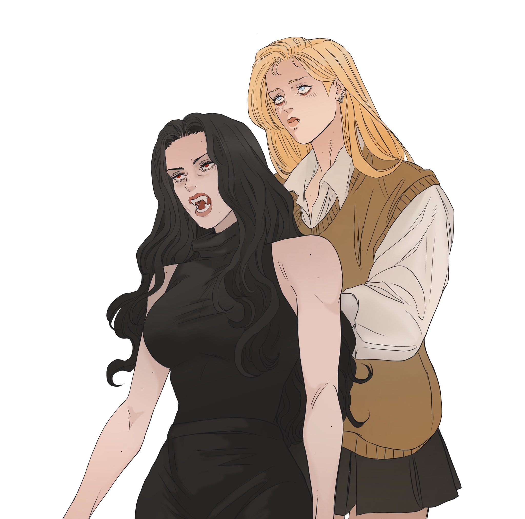 two women. one has black hair, fangs, and a black dress. the other has blonde hair, a school uniform, and is standing next to the first woman.
