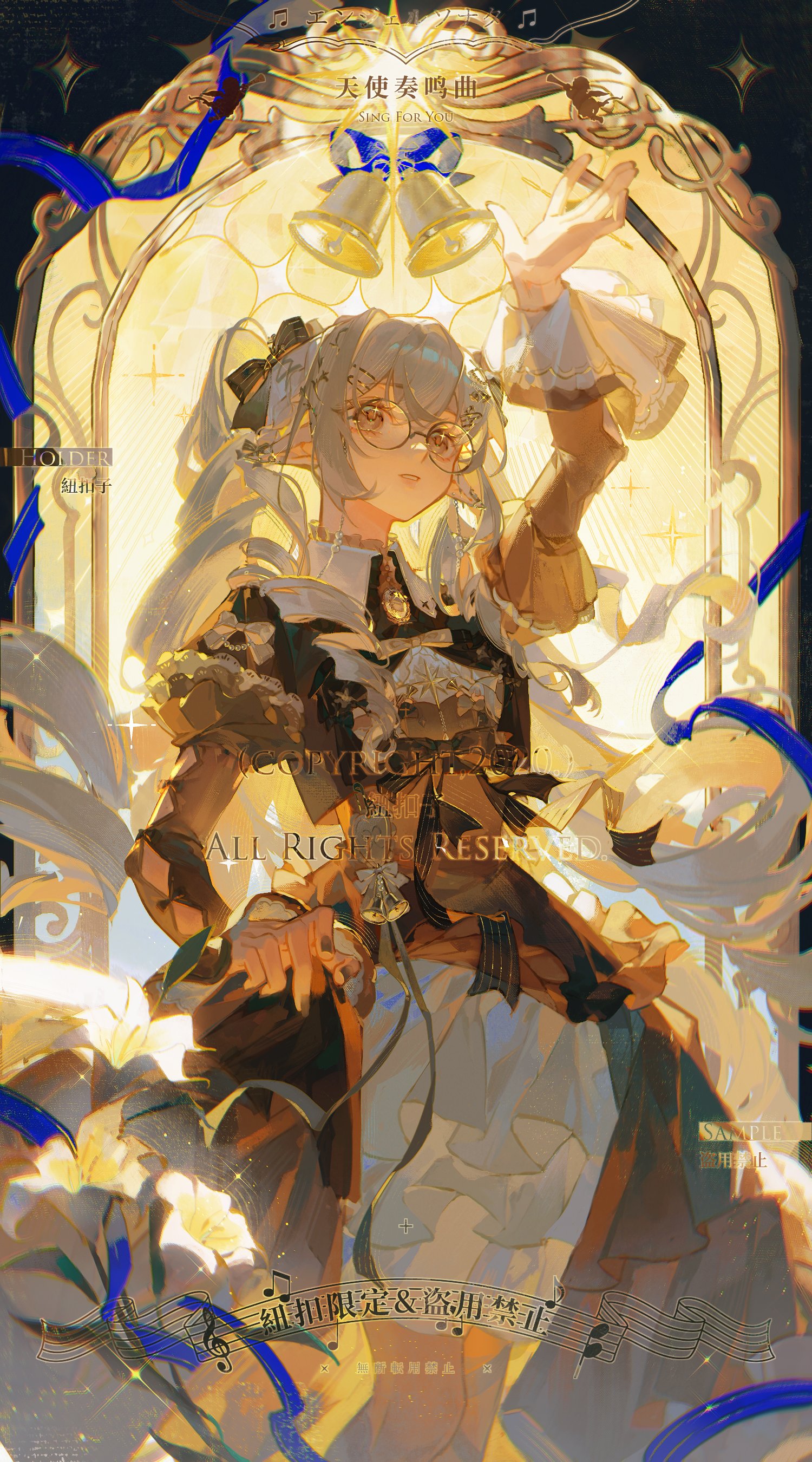 an anime girl with white hair and glasses, wearing a vintage dress, is standing in front of a stainedglass window, striking a graceful pose. she's illuminated by warm, artificial light, creating a dreamlike atmosphere. the overall style is reminiscent of art nouveau.