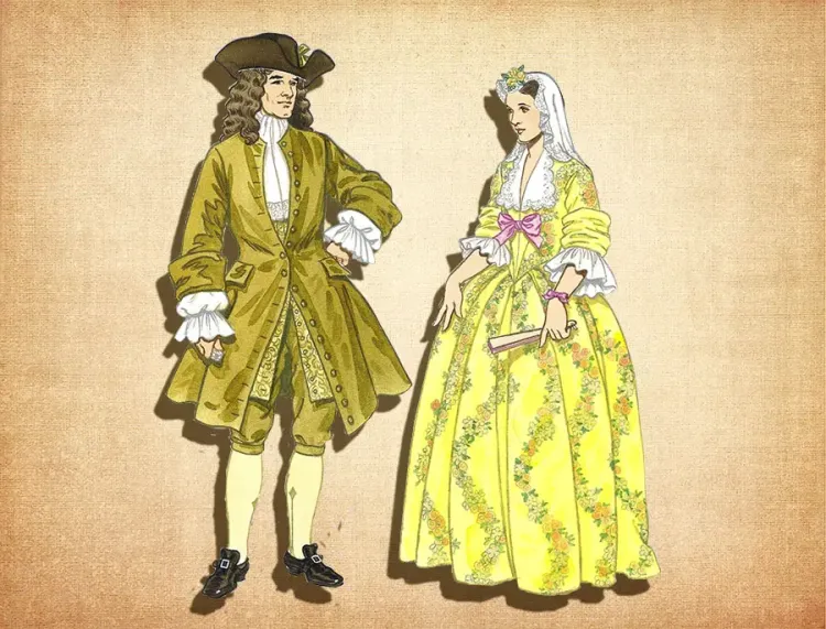 an illustration depicts a man and a woman dressed in elaborate, historical fashion, likely from the late 17th or early 18th century in europe. the man wears a long, goldcolored coat, breeches, stockings, buckled shoes, and a large hat. the woman is adorned in a voluminous yellow gown with floral patterns and a lacetrimmed bodice. she also wears her hair styled with adornments. the background is a muted tan, emphasizing the figures and their clothing.