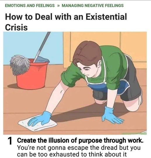 the image is a meme suggesting to deal with an existential crisis by creating the illusion of purpose through work, specifically cleaning. it depicts a person on their hands and knees cleaning a floor with a cloth, suggesting that you won't escape the dread, but you'll be too exhausted to think about it. the image is labeled as "emotions and feelings >> managing negative feelings" and titled "how to deal with an existential crisis".