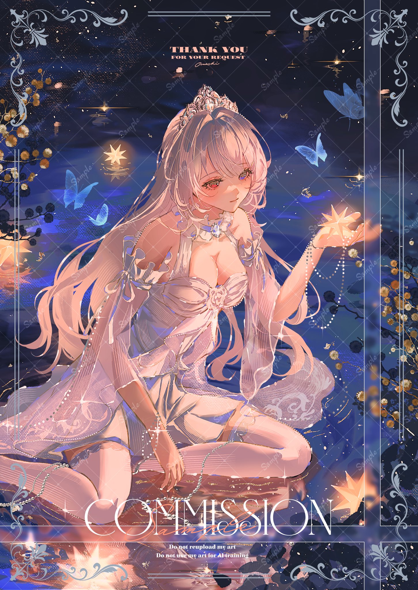 the image is a digital painting of a beautiful anime girl, seemingly a princess or fairylike character. she has long, light pink hair, and she wears a flowing, elegant white dress.  the setting is a dreamy nightscape, with stars, sparkles, butterflies, and a moonlit body of water surrounding her. she holds a glowing star in her hand. the overall style is ethereal and magical, with a soft color palette.  text on the image indicates this is a commissioned artwork and includes a thank you note. the bottom includes a disclaimer against unauthorized reuse.