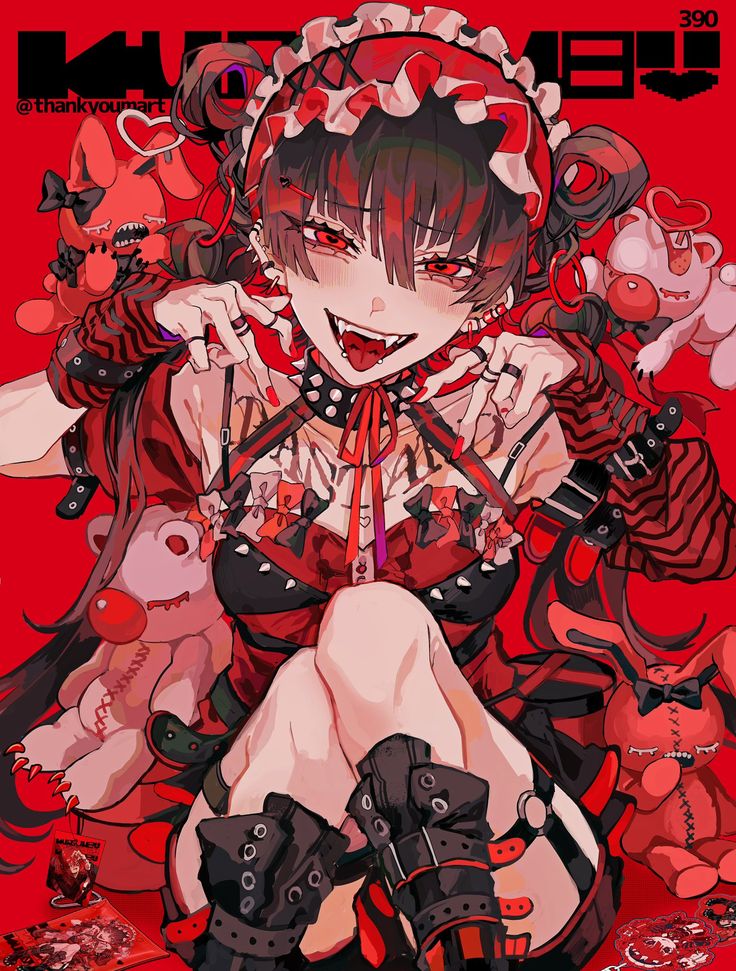 the image is a vibrant digital illustration of an anime girl. she has long, dark red hair styled in twin buns,  and is wearing a red and black gothic lolitastyle maid outfit combined with punk elements like studded belts and black arm guards. her makeup is dark and intense, with bloodred lips and eyes, and her expression is playfully mischievous, with her tongue sticking out slightly. she has sharp fangs visible.  she's surrounded by several small, worn plush toys in red and white tones which adds to the overall slightly macabre, yet cute, aesthetic.  the background is a solid, intense red, and the overall style is reminiscent of manga and anime illustrations, with a focus on detailed character design and dynamic posing. the image gives off a strong, intense personality with elements of both cuteness and edginess.