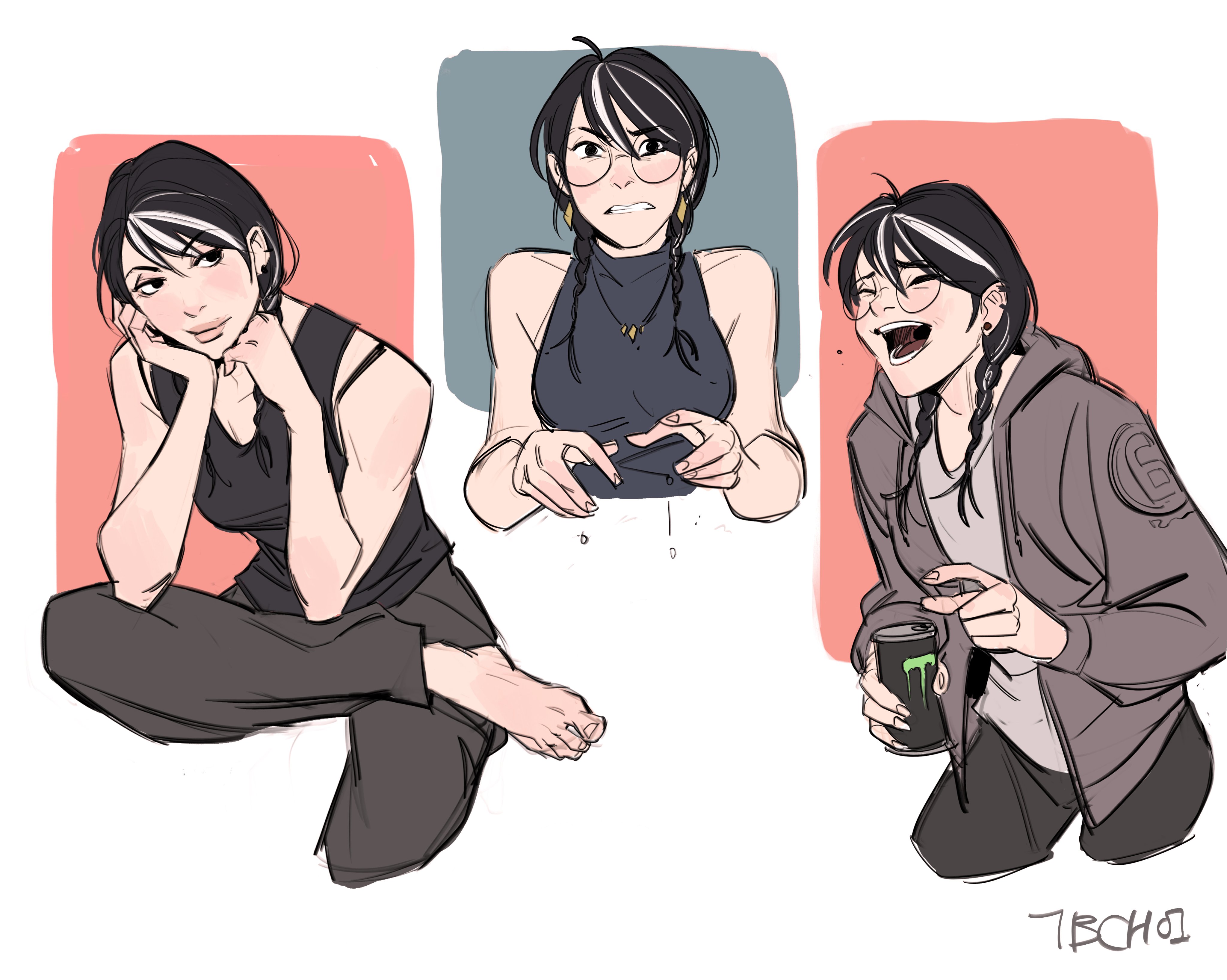 the image is a digital drawing featuring three different sketches of the same animestyle female character in casual clothing.  the first shows her sitting, looking contemplative with her chin resting on her hands.  the second depicts her in a tank top and glasses, exhibiting a frustrated expression. the third shows a laughing version of the character in a hoodie, holding a monster energy drink can. each sketch shows slight variations in the character's expression and attire, showcasing her personality in different moods. the art style is loose and expressive, typical of concept art or character sketches.  the backgrounds are simply colored blocks. the artist's signature is visible in the lower right corner.