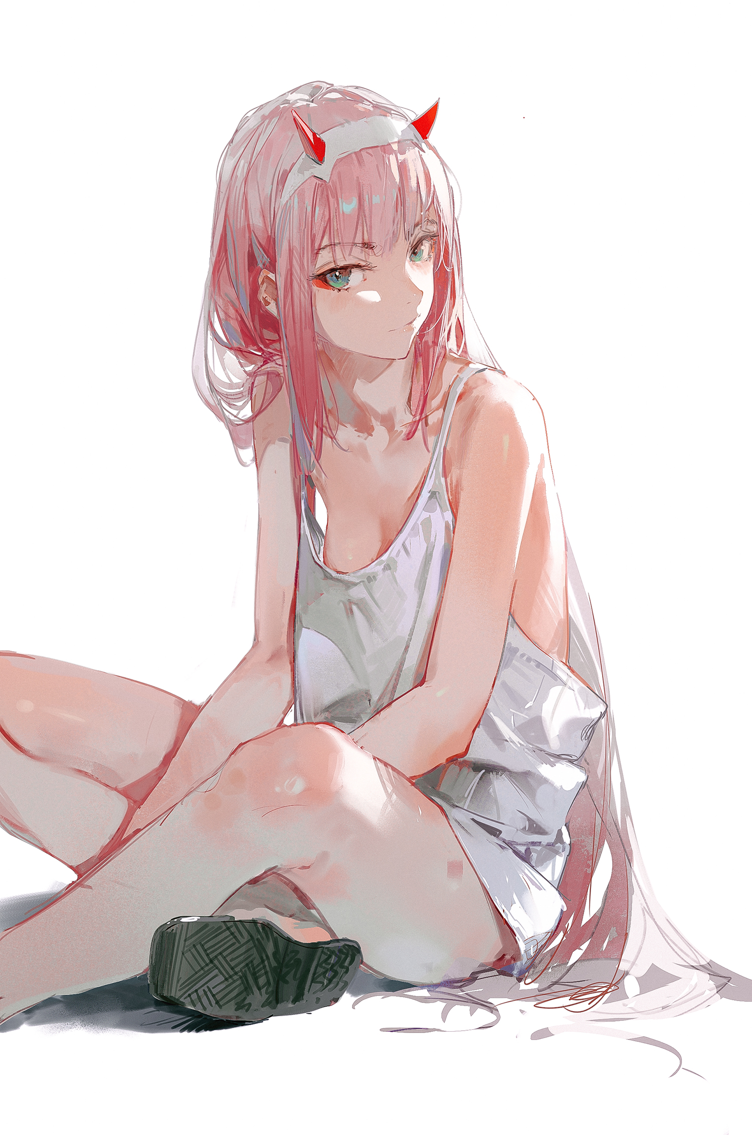 the image is a digital painting of an anime girl, who strongly resembles zero two from the anime darling in the franxx. she has long pink hair with small red horns, and she's wearing a white tank top and appears to be sitting on the floor. the art style is soft and delicate, with light coloring and a dreamy atmosphere. the overall impression is one of beauty and cuteness.
