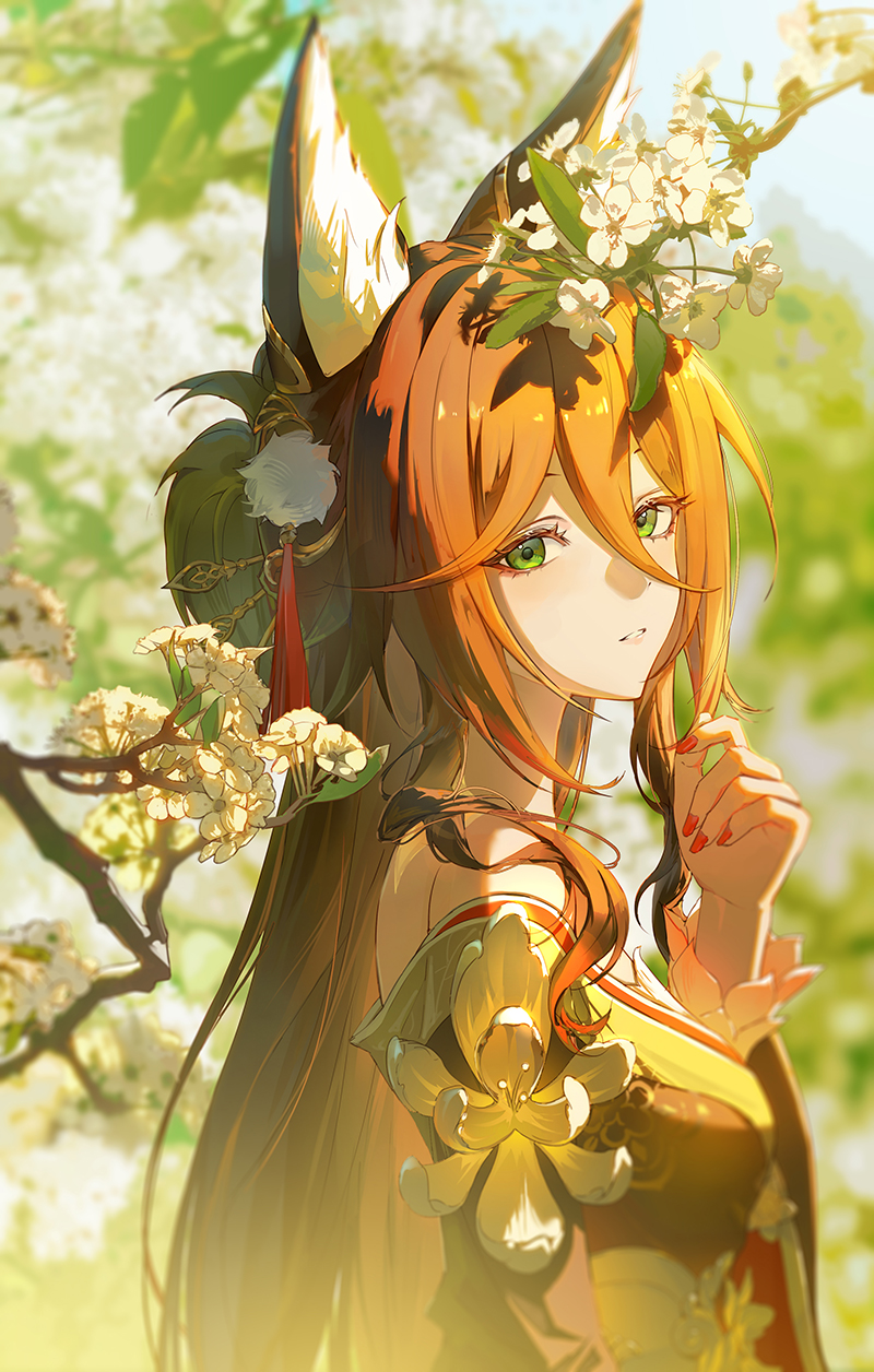 the image is a vibrant digital painting or illustration of a young animestyle woman. she possesses fox ears and is adorned with a crownlike arrangement of white blossoms. her hair is a rich, fiery orange, cascading down her back. she's wearing a beautiful yellow and goldaccented kimonolike garment which incorporates stylized floral motifs. her green eyes are striking and she has a serene expression.  the setting appears to be outdoors, amidst a backdrop of blooming trees with soft sunlight filtering through the branches. the overall style is fantastical and evocative of a spring scene, with a strong focus on the character's beauty and elegance.  the art is detailed and the color palette is warm and inviting.