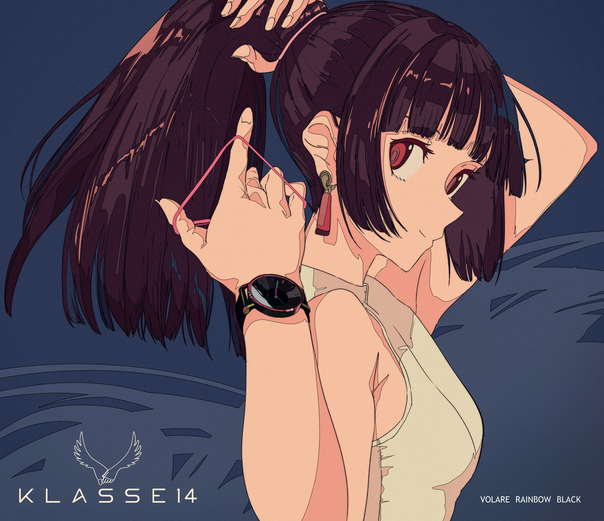 the image is a digital illustration of a young animestyle woman with long, dark brown hair tied up in a ponytail. she is wearing a light beige sleeveless dress, a black watch, and dangling earrings. her eyes are a striking red. the art style is clean and modern, with a focus on bold lines and color blocks. the background is a dark blue. the image includes the klasse14 logo and the text "volare rainbow black" in the bottom right corner. the overall mood is sophisticated and elegant.